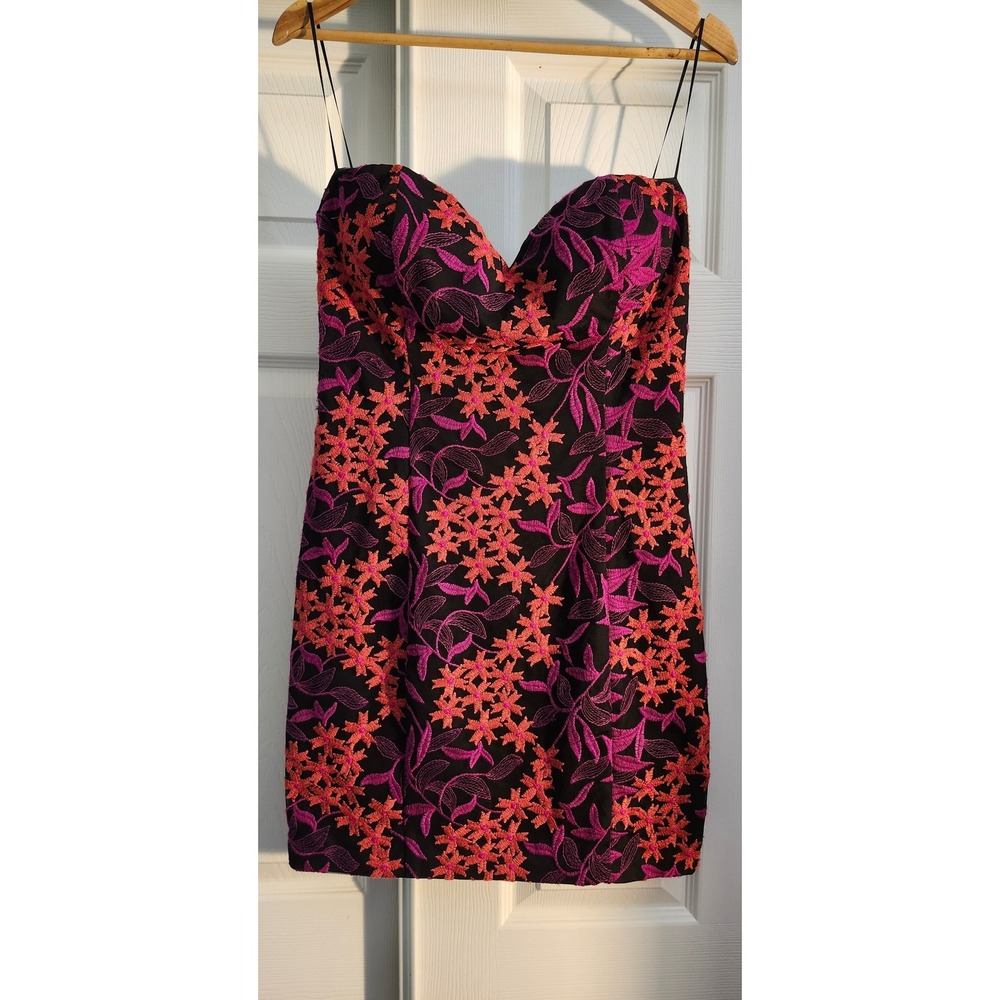 Guess Los Angeles Floral Embroidered Bodycon Mini Dress Black Pink Orange Large